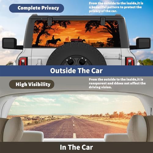 Watercolor Cowboy Truck Back Window Graphics Decals, Horse Abstract Sunset Landscape Universal See Through Rear Window Vinyl Wrap Full Window Decals for Trucks SUV 66 x 22 inch