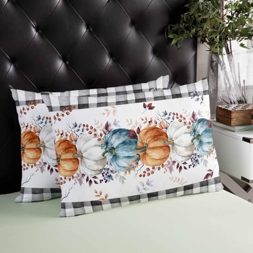 Pillow Covers 20x30 Inch - Queen Fall Blue Orange and White Pumpkin Black Plaid Soft Brushed Microfiber Pillowcases with Hidden Zipper Closure Bed Pillow Shams for Bedroom Sofa Car - Image 4