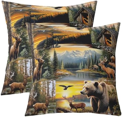 Manfei Lodge Pillow Covers Reversible Print Pack of 2,Rustic Cabin Bear Deer Elk Wild Animal Decorative Cushion Covers,Natural Hunting Adventure Retro Brown Couch Pillow Covers,24"x 24" by Manfei