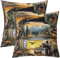 Manfei Lodge Reversible Print Pillow Covers 2 Pack,Rustic Cabin Bear Deer Elk Wild Animal Decorative Cushion Covers 16"x16",Natural Hunting Adventure Retro Brown Pillow Covers,2 Pack by Manfei