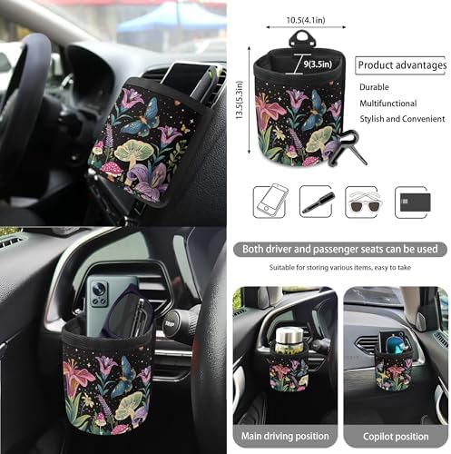 Butterfly Mushroom Floral Print 15Pcs Car Seat Cover Full Set Car Steering Wheel Cover Seat Belt Cover Trash Bin Air Vent Storage Box Front Rear View Mirror Car Cup Holder Keychain