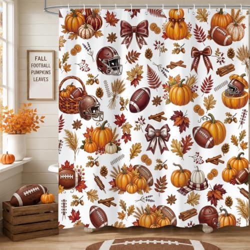 Fall Football Pumpkin Shower Curtain, Autumn American Football Sports Leaves Maple Leaf Shower Curtain fo Bathroom Set, Fall Thanksgiving Waterproof Bath Decor with Hooks 72 x72 Inch - Image 4
