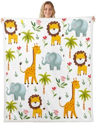 Cartoon Lion Giraffe Throw Blanket Cute Zoo Animals Fleece Flannel Blankets Kids Boys Girls Room Decor Lovely Elephants Trees Bed Blankets for Bed Sofa Couch White Orange Plush Blanket Throw 50"x60" by CastleFairy