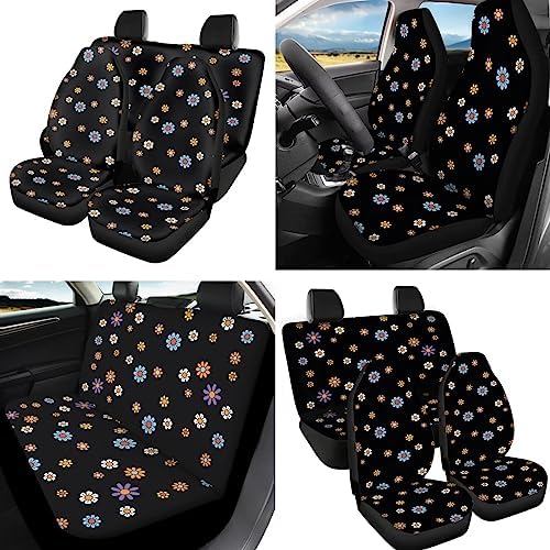 12 Pcs Flower Car Seat Covers for Women,Colorful Groovy Flowers Auto Steering Wheel Cover Protector,Hippie Floral Cup Coaster,Keychain,Shoulder Seatbelt Pad,Soft Armrest Pad Decor Accessories