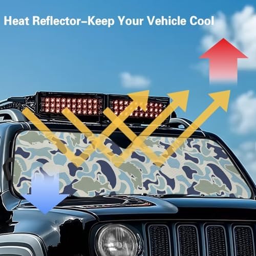 Renewold Fish Camo Car Windshield Sun Shade Auto Sunshade Fit for Jeep Wrangler JK JKU JL JLU Front Window Sun Shield Sun Visor for Jeep Gladiator JT 2020-2023 Summer Keep Cool Interior Accessories