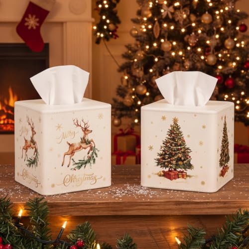 Thyle 2 Pcs Christmas Square Tissue Box Cover PU Leather Christmas Tree Reindeer Tissue Box Holder Closure Xmas Decorations Cube Napkin Holder for Kitchen Car Home Office Living Room Bedroom - Image 4