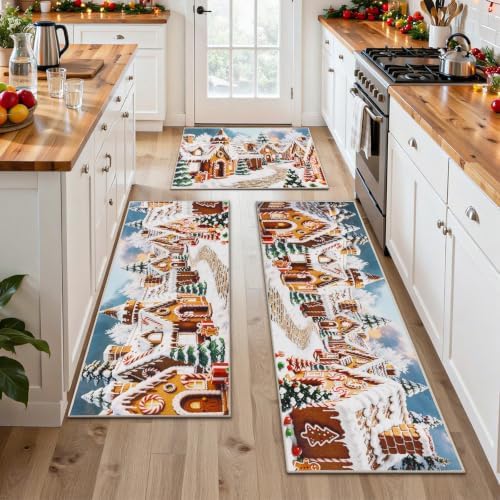 U'Artlines Christmas Kitchen Rugs and Mats Set of 3, Gingerbread Village - Image 7