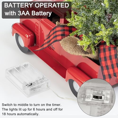 KI Store Red Truck Christmas Decor with Lights Timer 12-Inch Vintage Metal Truck with Christmas Tree for Xmas Decoration Table Centerpieces - Image 4