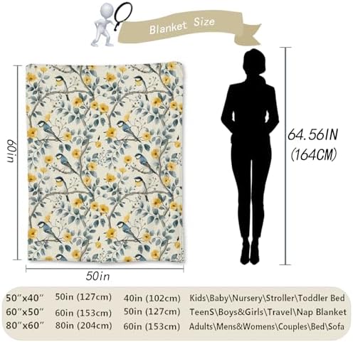 Charming Bird & Floral Blanket, Soft Flannel Throw for Couch, Bed, Travel, Living Room & Home Decor, Cozy Lightweight Warm Fuzzy Blankets with Yellow Flowers for Adults Kids Women 50×40 in - Image 3