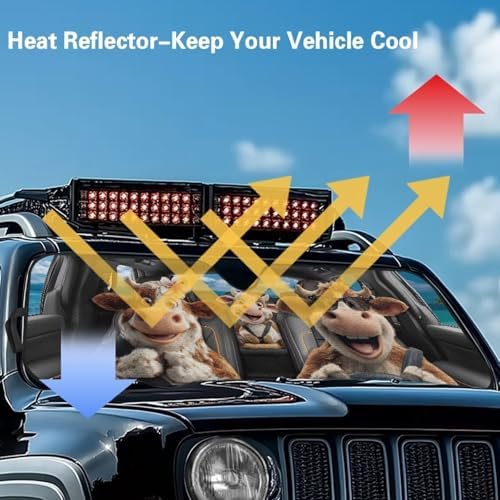 Renewold Car Windshield Sun Shade Auto Sunshade Fit for Jeep Wrangler JK JKU JL JLU Front Window Sun Shield Sun Visor for Jeep Gladiator JT 2020-2023 Funny Cow Driving Keep Cool Interior Accessories