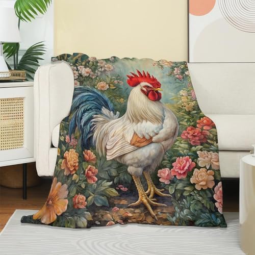 Rooster & Floral Blanket, Soft Warm Cozy Throw Gifts for Adults Kids Women, Lightweight Comfy Fuzzy Flannel Blankets for Couch, Travel, Car, Home Decor 50×40 Inch - Image 2