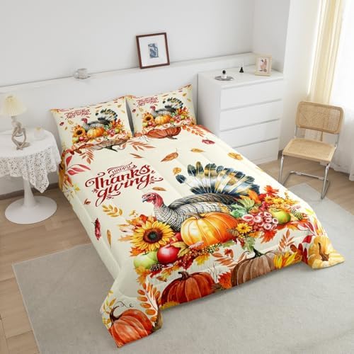 Thanksgiving Day Comforter Set Full Size,Watercolor Turkey Pumpkin Bedding Set 3pcs Kids Girls Boys Teens Room Decor,Fall Maple Leaves Quilted Duvet Rustic Farmhouse Duvet Insert,Orange Yellow - Image 3