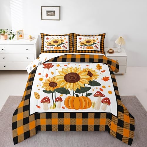 Erosebridal Sunflower Pumpkins Kids Comforter Set | Autumn Fall Pumpkin Decor Bedding Queen Size Yellow Sunflowers Decorations Down Comforter Happy Thanksgiving Duvet Set for Bedroom by Erosebridal