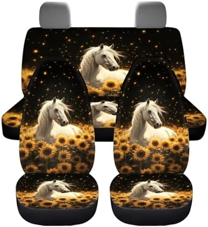 Horse & Sunflower Print Car Seat Covers 4Pcs Front & Rear Breathable Seat Covers Universal Fits for Truck, Sedan, SUV Auto Interior Protector Car Accessories