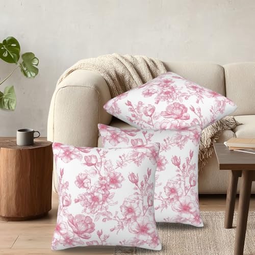 KiuLoam Pink Floral Pillow Covers 20x20 Inch Set of 2, Chinoiserie Ink Line Flower Farmhouse Decorative Throw Pillows, Vintage Rustic Outdoor Square Cushion Cases for Sofa Couch Bed Home Decor - Image 6