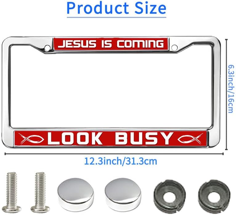 Jesus is Coming License Plate Frame Anti-Theft Christ Fish Power Stainless Steel License Plate Frame Jesus is the Way License Plate Frame for Patriotic People with Screws Caps