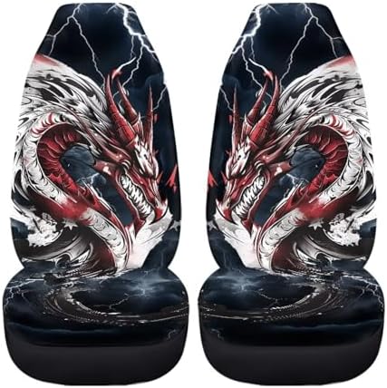 3D Dragon Print Car Front Seat Cover 2 Piece Vehicle Interior Cover Protector Decor Accessory Seat for SUV Truck Van Sedan