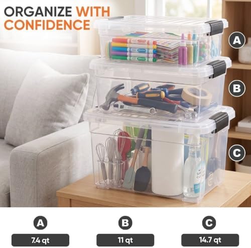 Superio 7.4 Quart Clear Plastic Storage Bin with Lid, Stackable Organizer Box, BPA-Free Storage Container for Home, Garage, School & Office, 2 Pack - Image 5