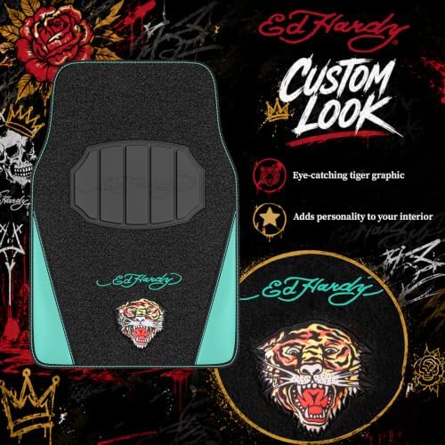 ED HARDY Tiger Print Car Floor Mats, Carpet Floor Mats with Green Leather Design, Automotive Car Mats with Built-in Heel Pad & Anti-Slip Backing, Fits Most Cars, SUVs & Trucks, Durable & Odorless