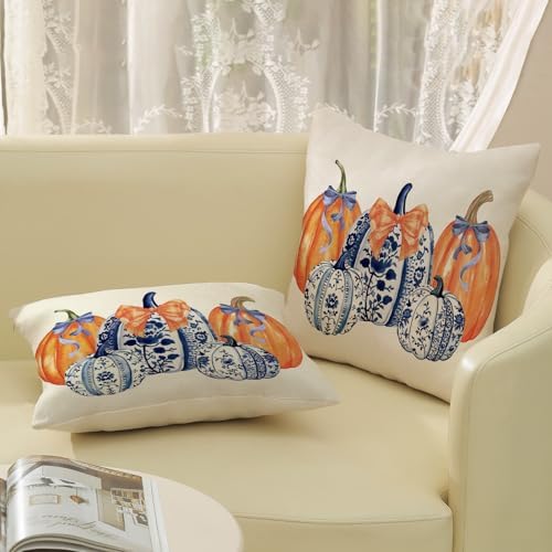 Fall Chinoiserie Pillow Covers 18x18 Set of 2 Blue and Orange Pumpkin Throw Pillows Grandmillennial Autumn Thanksgiving Decoration Pillow Cases Outdoor Fall Decor Cushion Case for Sofa Home - Image 5
