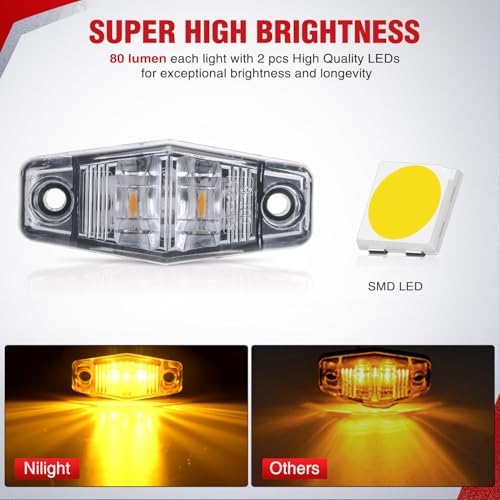 Nilight 2.5" Oval Side Marker Light, White Lens Amber LED, Waterproof