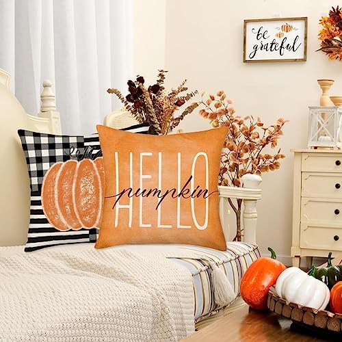Fall Decor Pillow Covers 24x24 Inch Set of 4 Orange Pumpkin Maple Leaf Throw Pillow Case Outdoor Buffalo Plaid Stripes Autumn Thanksgiving Farmhouse Decoration for Home Couch - Image 4
