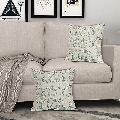 Fall Pillow Covers 18x18 Set of 2 Light Blue Pumpkin Autumn Themed Thanksgiving Harvest Print Decorative Throw Pillows Outdoor Pillowcase Linen Cushion Case Decor for Sofa Couch Bed - Image 3