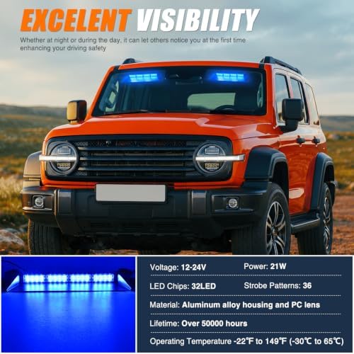 Nilight 32LED Blue Dash Strobe Light w/Controller Windshield Mount