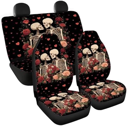 Skulls Heart Roses Print Car Seat Covers 4Pcs Front & Rear Breathable Seat Covers Universal Fits for Truck, Sedan, SUV Auto Interior Protector Car Accessories
