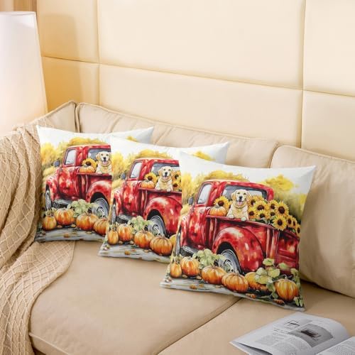 Manfei Autumn Truck Reversible Print Pillow Covers 2 Pack,Fall Harvest Thanksgiving Day Rustic Decorative Cushion Covers 16"x16",Lovely Puppy Dog Sunflower Pumpkin Pillow Covers,2 Pack - Image 4
