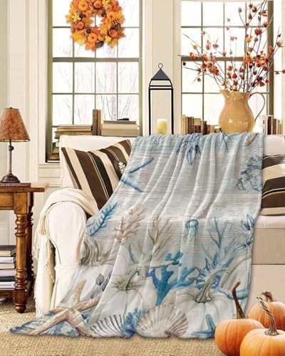 DecorLovee Blue Coastal Fall Blanket 60"x80", Reversible Starfish Coral Throw Blanket for Couch/Bed, Thanksgiving Pumpkins Lightweight Soft Throw Blankets for Men, Warm Fuzzy Blankets for Winter - Image 2