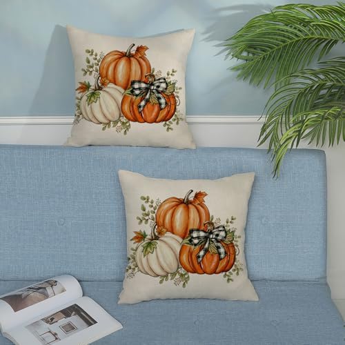 Fall Pumpkin Plaid Pillow Covers 20x20 Set of 2 Orange White - Image 4