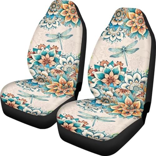 Bohemian Dragonfly Automotive Seat Covers for Cars Truck and SUV，Boho Car Seat Covers for Front Seats,Driver Seats Protection Mat Accessory for Women，Universal Fit Non Slip Auto Seat Set
