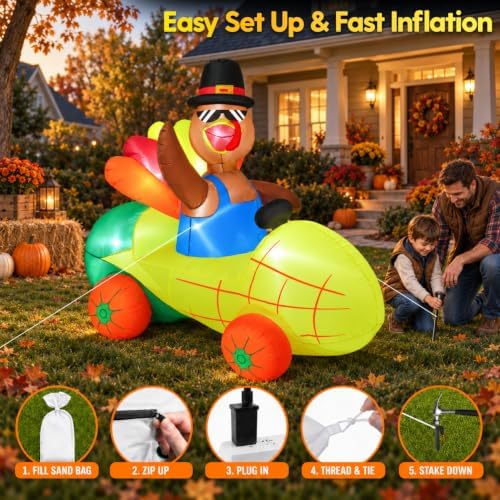 zukakii 6FT Thanksgiving Inflatable Turkey Driving Corn Car Fall inflatables with Bright Built-in LED Lights Thanksgiving Blow Up Turkey Outdoor Blow Up Yard Decoration for Harvest Fall Yard Decor - Image 5