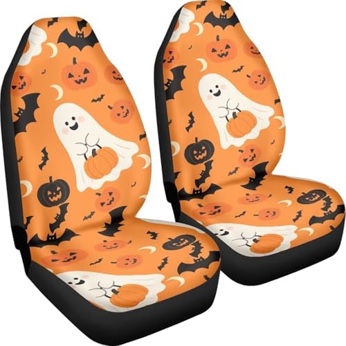 Ghost 2 Pack Car Seat Covers Set, Halloween Ghost Bat Pumpkin Sedan Interior Accessory for Cars, Gothic Cute Monster Universal Auto Front Seats Protector Fits for SUV Truck