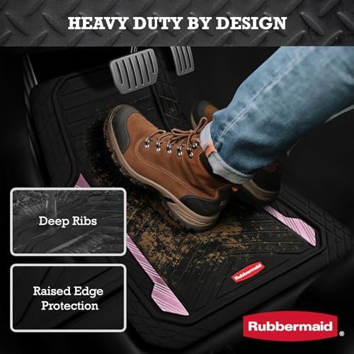 Rubbermaid Car Floor Mat, Heavy Duty All-Weather Car Mats Full Set with Dual-Tone Pink Aluminum Inserts – Universal Fit, Anti-Slip Backing, Trim-to-Fit for Most SUV, Sedan, Van