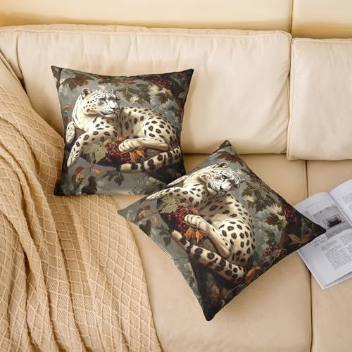 Snow Leopard Throw 16"x16" Pillow Covers 2 Pack,Rustic Jungle White Cheetah Wild Animal Double Sides Print Cushion Covers,Fall Maple Leaves Branch Red Berry Square Couch Pillow Covers - Image 2