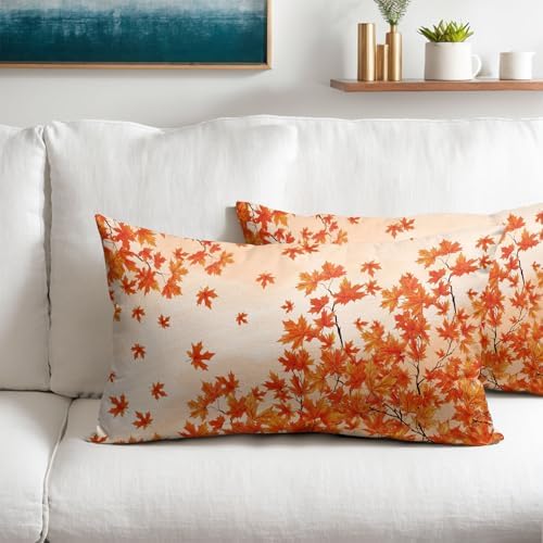 Fall Maple Leaves Throw Pillow Covers 12x20 Set of 2 Thanksgiving Orange Leaf Pillow Covers Autumn Foliage Watercolor Pillowcase for Kitchen Sofa Outdoor Couch Bedroom Living Room Decoration - Image 2
