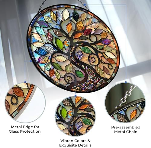 Stained Glass Window Hanging, Bohemian Tree of Life Sun Catchers Diamond Glass Panel Hangings Abstract Suncatcher Decor for Birthday for Women, Men, Wife, Aunt, and Mom 9.8 in - Image 3