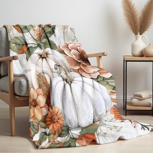 Fall Blankets and Throws White Pumpkin Print Blanket for Couch Bed Room Home Autumn Harvest Flannel Throw Thanksgiving Decor Gifts (59"x78") - Image 3
