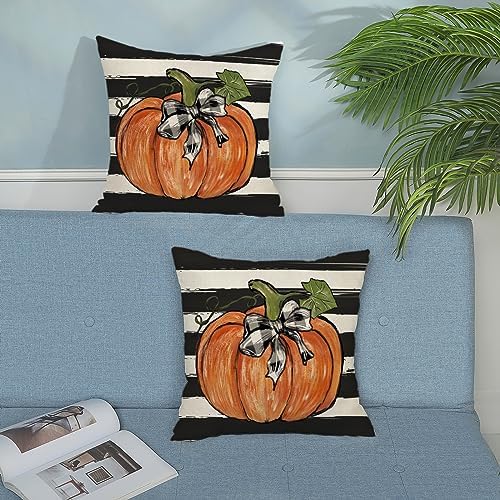Fall Pillow Covers 18x18 Set of 2 Pumpkin Maple Leaves and Stripes Fall Decor Pillowcase Linen Autumn Thanksgiving Decorative Outdoor Throw Pillow Covers Farmhouse Cushion Case for Couch Home - Image 4