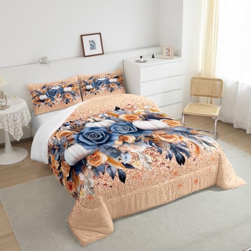 Homewish Fall Pumpkin Comforter Set Full Size Vintage Flower Leaves Bedding Set Colorful Boho Glitter Quilt Set Kids Girls Woman Adult Room Decor Rustic Farmhouse Botanical Duvet Insert,Orange 3Pcs - Image 4