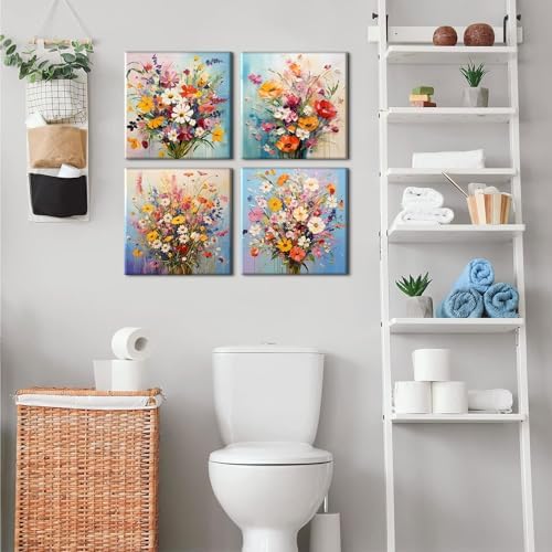 Colorful Flower Pictures Wall Decor Abstract Floral Wall Art for Bedroom Watercolor Poppy Daisy Posters Pink Flowers Painting Nature Bouquet Canvas Prints Artwork Living Room Home Decoration 12x12” 4P - Image 3
