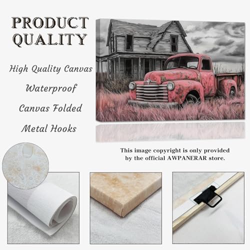 AWPANERAR Rustic Farmhouse Wall Decor Old Truck Canvas Print Car Painting Vintage Truck Poster Living Room Decor Frame (Pink, (12.00" x 18.00")) - Image 6