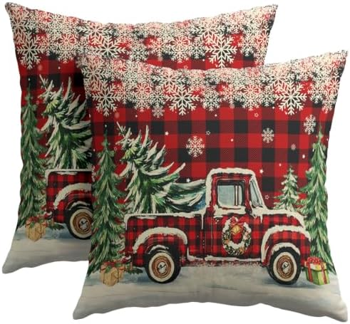Christmas Buffalo Plaid Truck Throw Pillow Covers 24x24 Set of 2 Snowflakes - Image 2