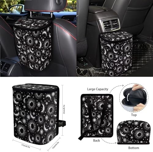 Celestial Sun Moon Stars Print Car Seat Covers 15Pcs Full Set Car Steering Wheel Cover Seat Belt Cover Trash Bin Air Vent Storage Box Rear View Mirror Car Cup Holder Keychain