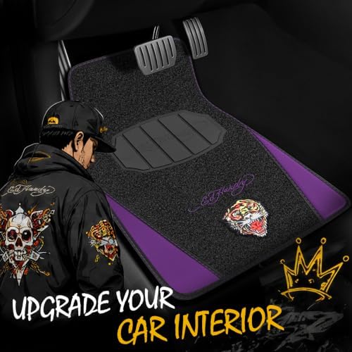 ED HARDY Tiger Print Car Floor Mats, Carpet Floor Mats with Purple Leather Design, Automotive Car Mats with Built-in Heel Pad & Anti-Slip Backing, Fits Most Cars, SUVs & Trucks, Durable & Odorless
