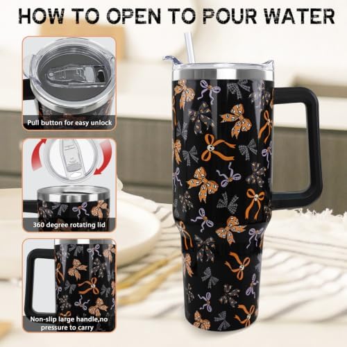 Halloween Tumbler with Handle 40oz Goth Skull Bow Candy Corn Spiderweb Coffee Travel Mug Stainless Steel Goth Insulated Cups Cute Halloween Decor Gifts - Image 5