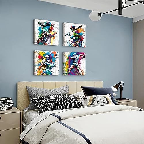 Sports Decor for Boys Room Watercolor Baseball Wall Art Pop Baseball Athletes Pictures Canvas Prints Modern Artwork Mens Bedroom Colorful Painting Office Study Living Room Home Decorations 20x20” 4Pcs - Image 4