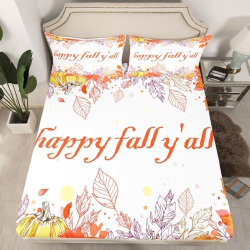 Watercolor Fall Pumpkin Bed Sheets ,Happy Harvest Thanksgiving Sheet Set For Twin Bed,Autumn Maple Leaf Botanical Bedding Set Fall Rustic Farmhouse Fitted Sheet Orange Flat Sheet 1 Pillow Case - Image 3